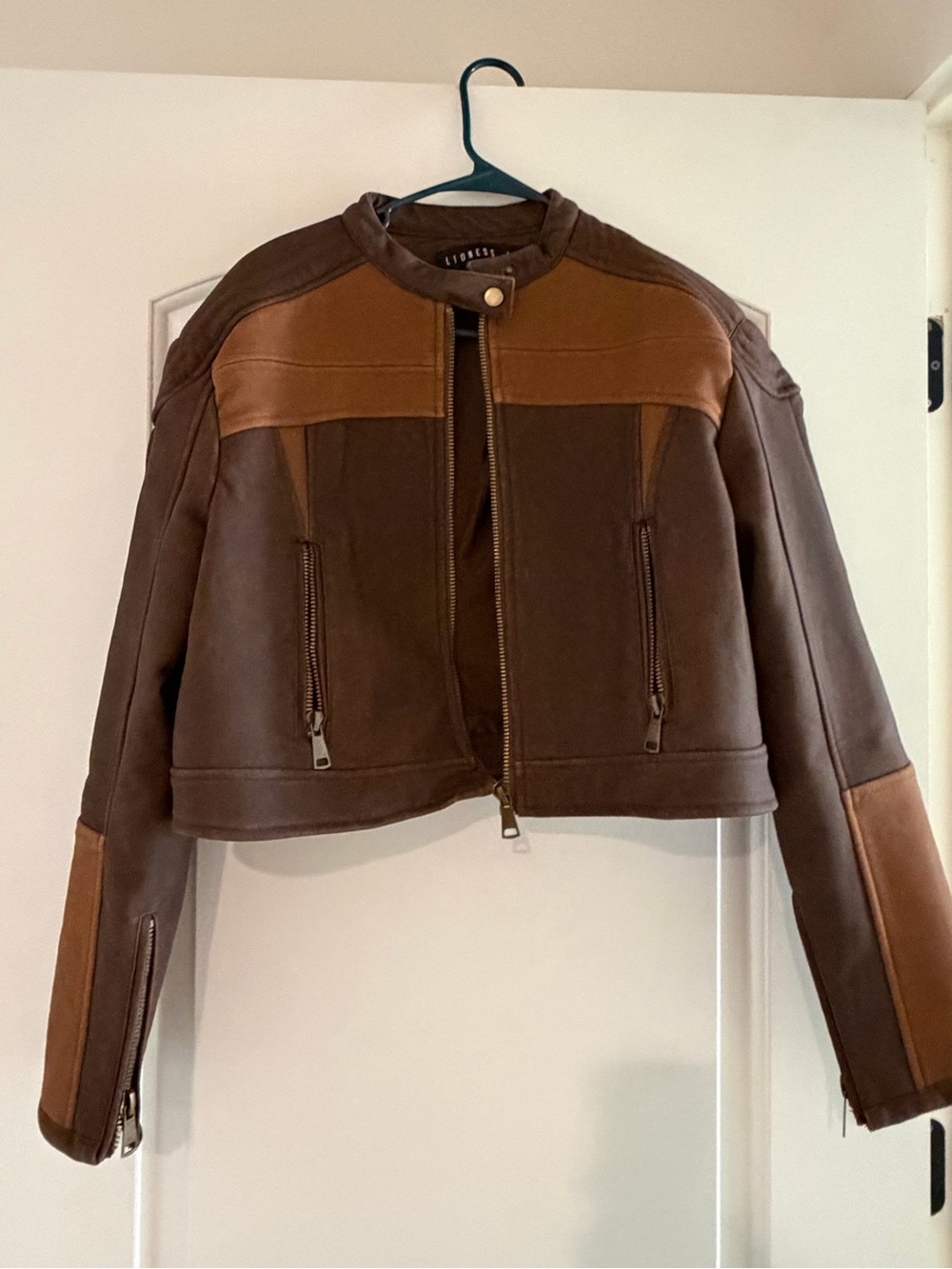 Lioness Two-Tone Brown Cropped Leather Jacket